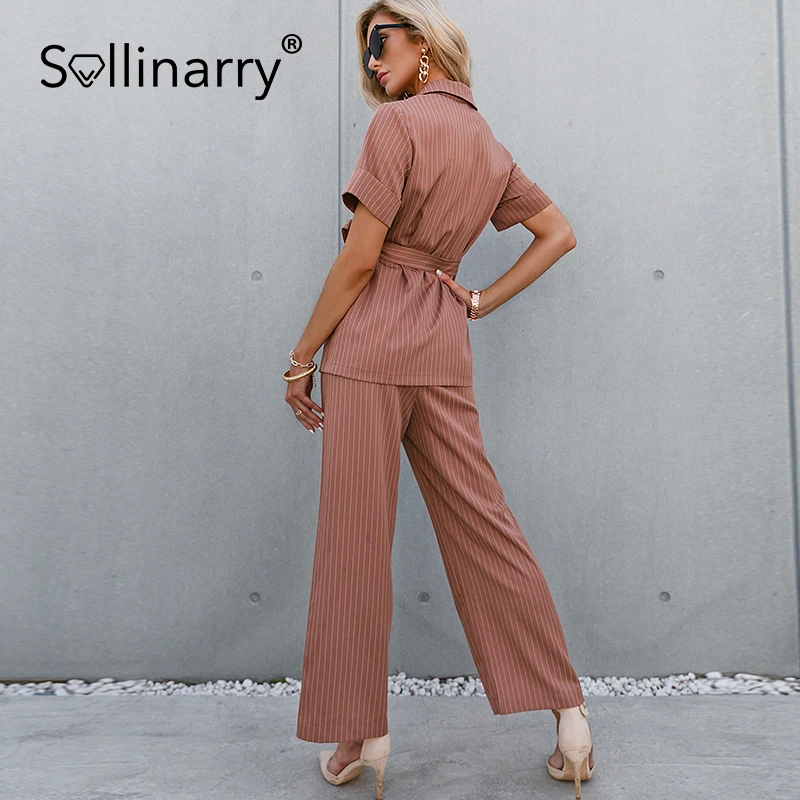 

Sollinarry V-neck stripe belt pants suit female Causal short sleeves pure color suits Fashion summer loose straight woman sets