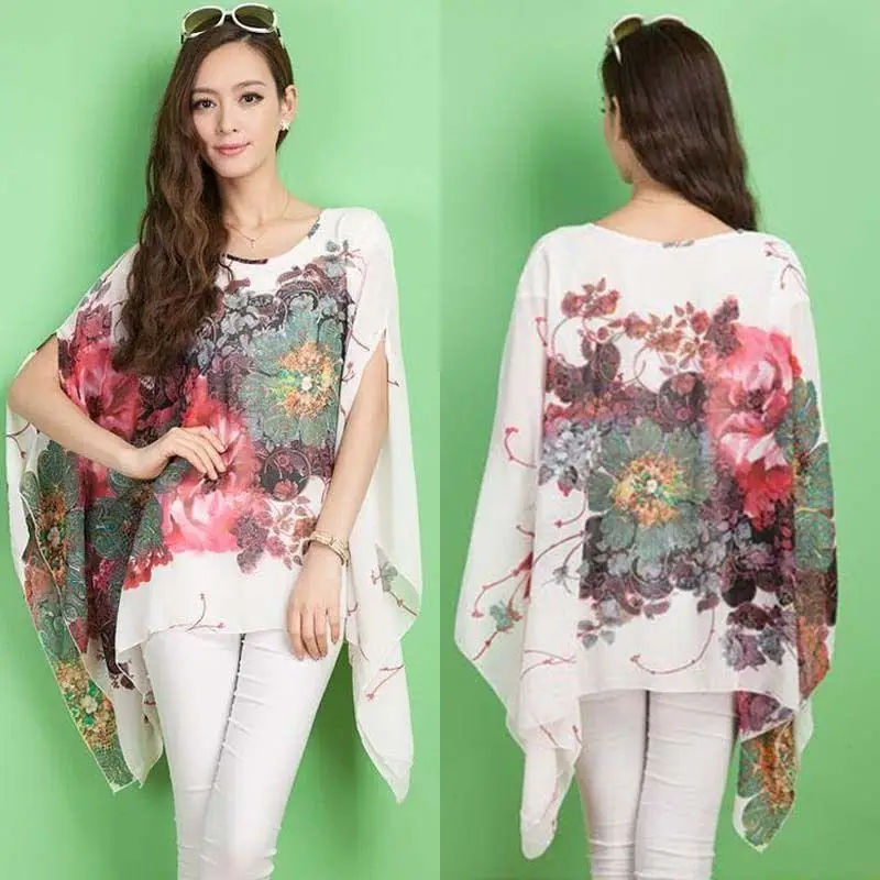 Модное женское шифоновое свободное пончо с цветочным принтом летние тонкие