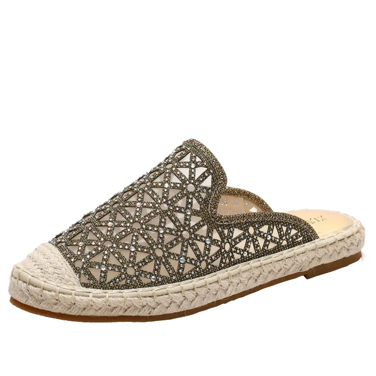 

Female Shoes Loafers Cover Toe Ladies' Slippers Low Glitter Slides Fashion 2021 Soft Jelly Luxury Hoof Heels Fabric Basic Fisher