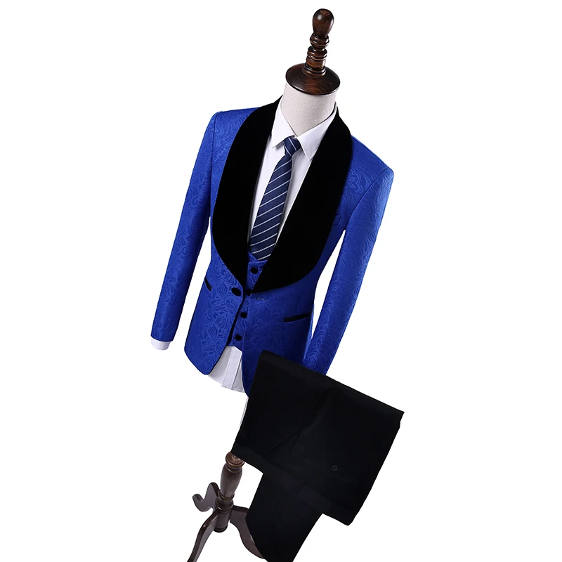 

Royal Blue Printed Blazer Black Shawl Peak Laple Wedding Suits For Mens Custom Made 3 Pieces Last Coat With Pants Designes 2021