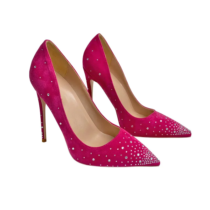 Keshangjia Ms grace diamond mei red suede pointed high-heeled shoes sexy stilettos 12 cm peep-toe party dress 33 to 45 yards