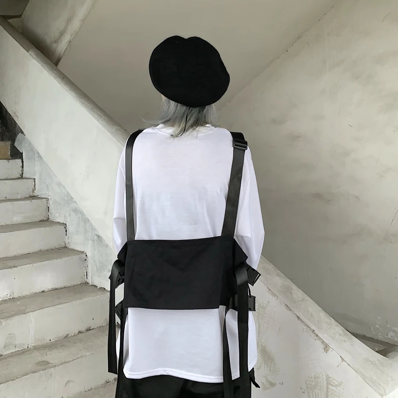 Harajuku стиль жилет Мужская Женская безрукавка уличная Регулируемая мода талии пальто карманы, набедренный хоп тактические куртки черный