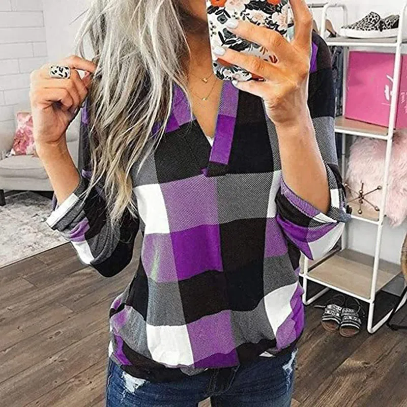 

Women Long Sleeve Flannel Plaid Shirt Pullover V Neck Tops Casual Loose Boyfriend Tunic T Shirts Blouses ALS88
