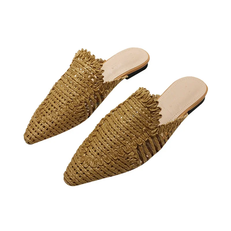 

2020 net red net pointed slippers rattan grass weaving flat bottomed Baotou Beach Women's shoes summer