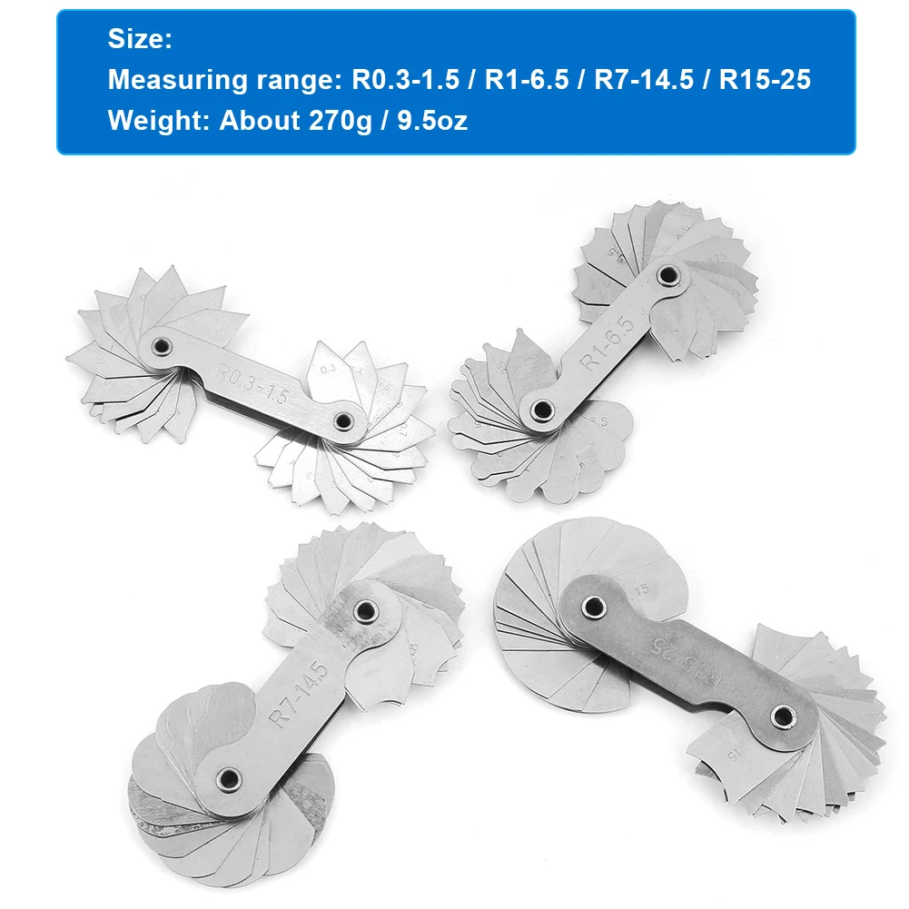 

4PCS Radius Gauge Stainless Steel Fillet Set External Internal Arc Measuring R0.3-1.5 R1-6.5 R7-14.5 R15-25Radius Measuring Tool