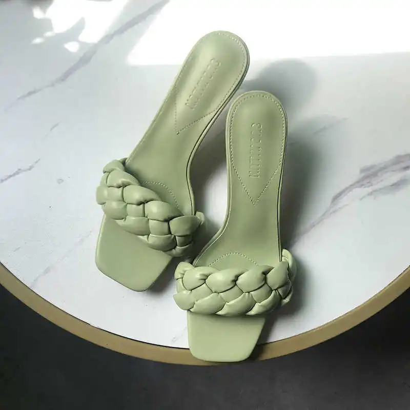 

New sandals bv woven high heel single shoes thin heel one line sandals with square head