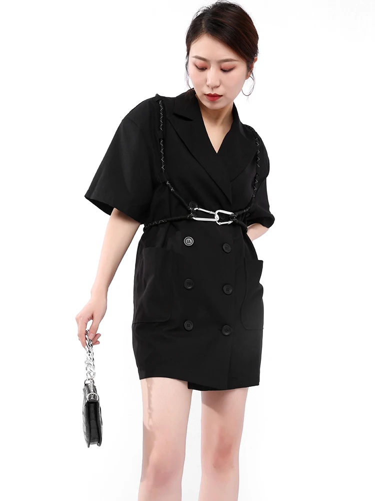 

[EAM] Women Black Buckle Double Breasted Big Size Blazer New Lapel Half Sleeve Loose Jacket Fashion Spring Summer 2021 1U38001