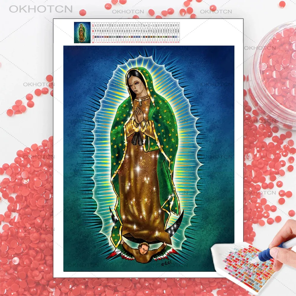 

Mexico Guadalupe Virgin Mary Diamond Painting Full Drill Religion Lady Green Embroidery Cross Stitch Kits Diy Mosaic Home Decor