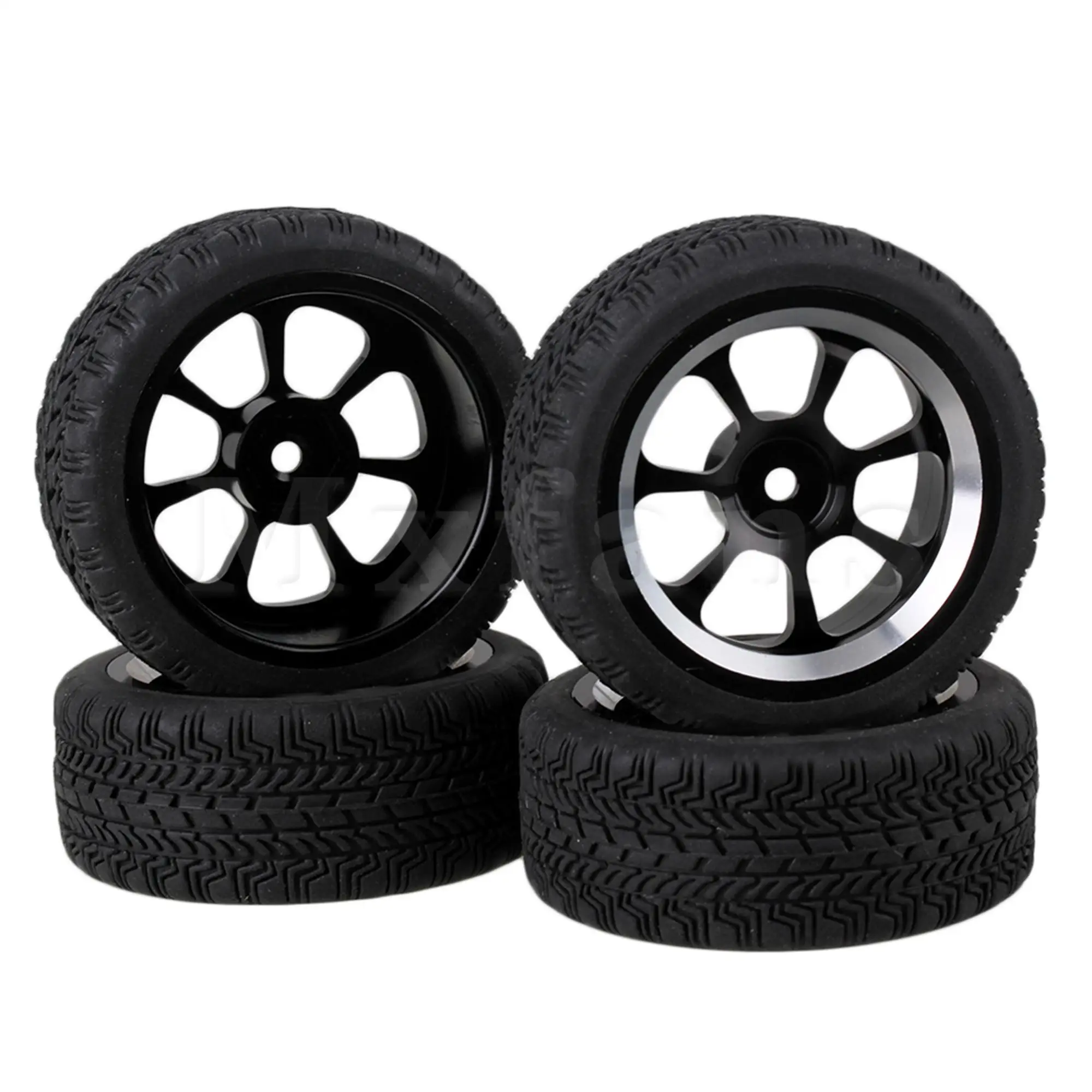 4PCS Black Aluminum Alloy RC1:10 7-Spokes Wheel Rims & Grip Pattern Rubber Wheel Tires for On-Road Car