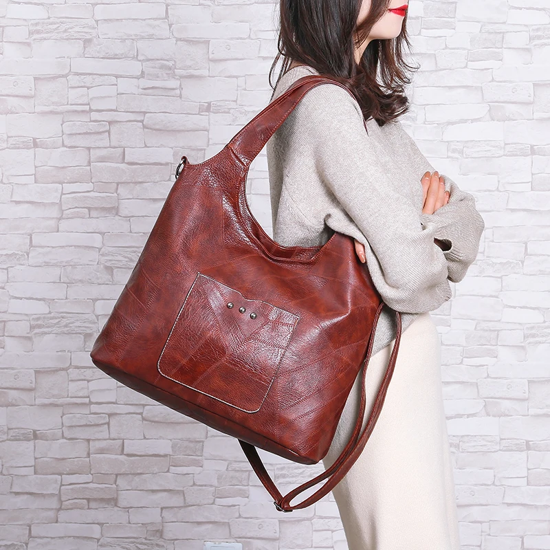 Большая кожаная сумка на плечо винтажные повседневные сумки через для женщин 2020