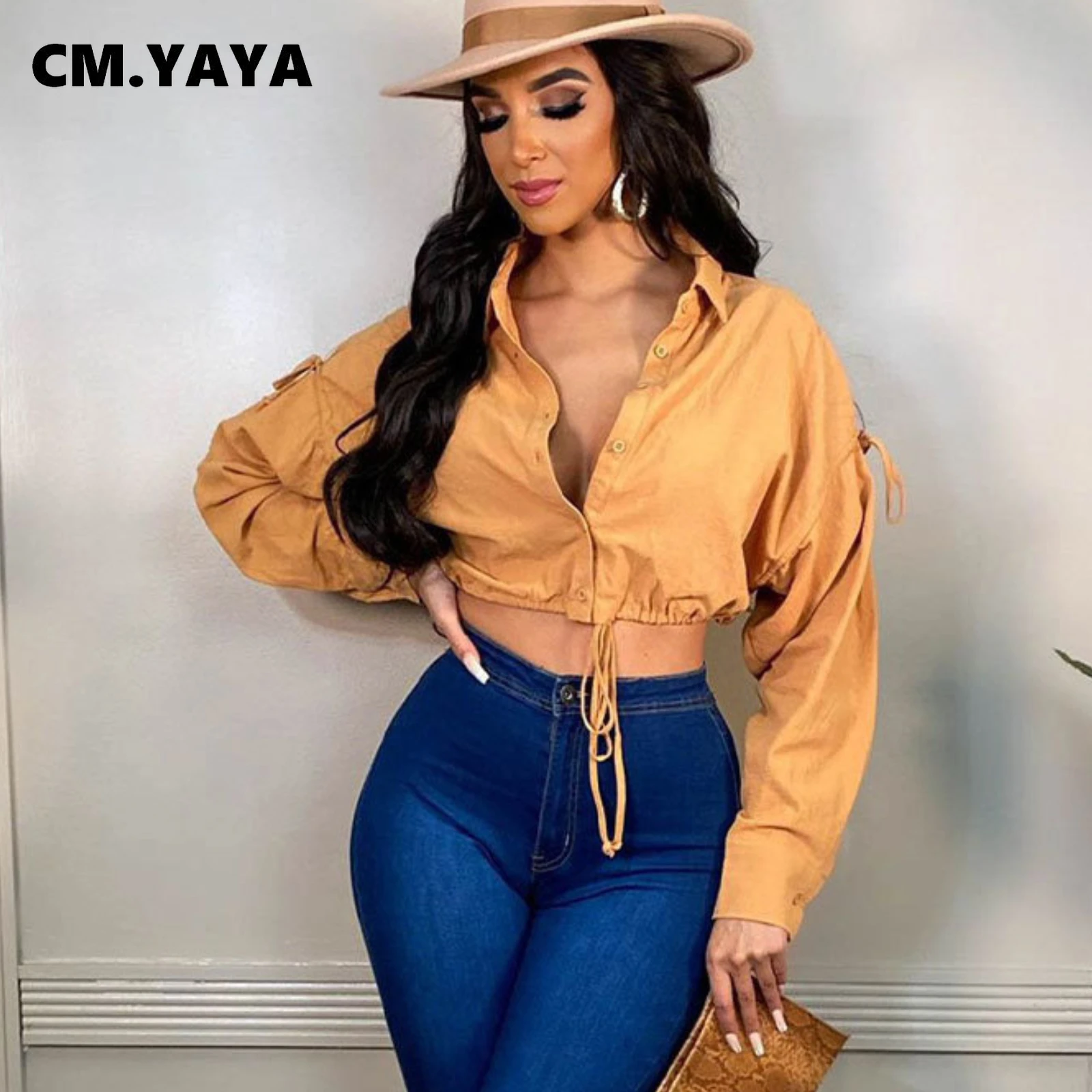 

Женская блузка на пуговицах CM.YAYA, элегантная Уличная Сексуальная Блузка с длинным рукавом и эластичным подолом, Осень-зима