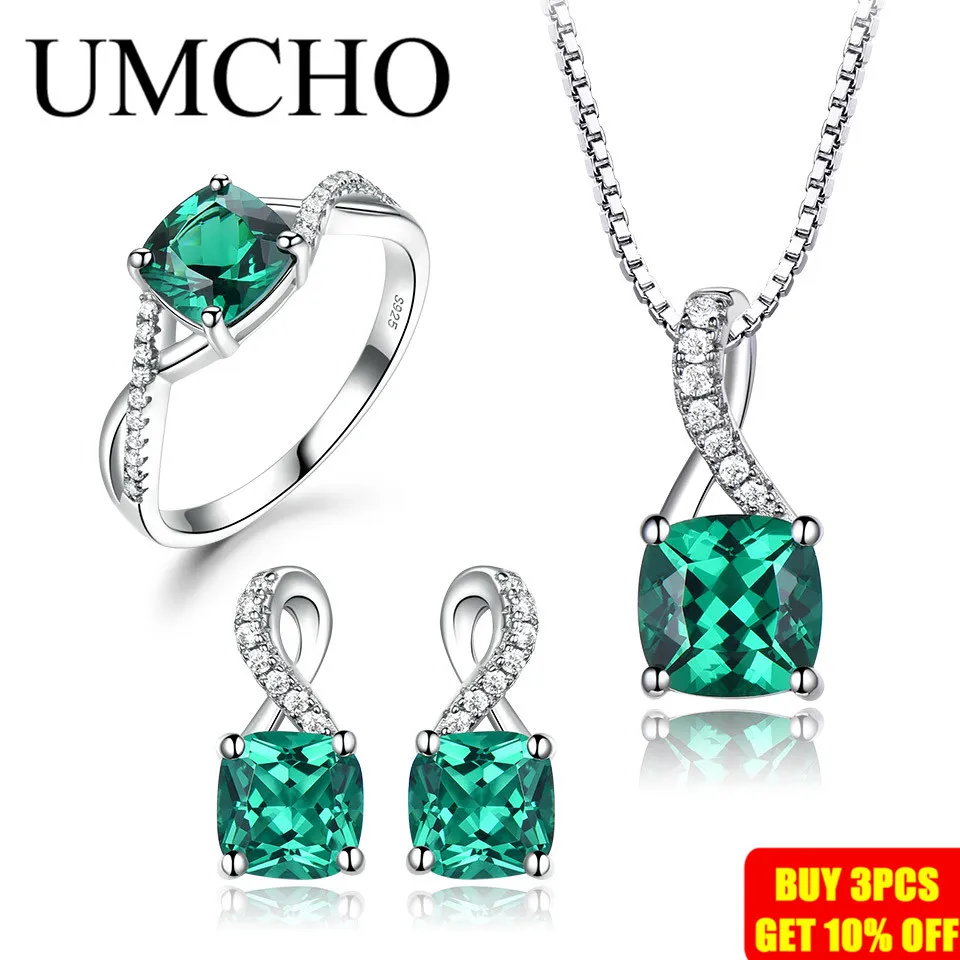 UMCHO 925 пробы, серебряные Ювелирные наборы для женщин, драгоценный камень, изумруд, кольцо, подвеска, серьги-гвоздики для женщин, свадебные ювелирные изделия, новинка
