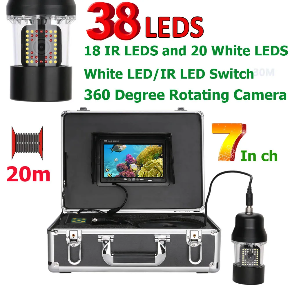 

7 Inch 20m/50m/100m Underwater Fishing Video Camera Fish Finder IP68 Waterproof 38 LEDs 360 Degree Rotating Camera