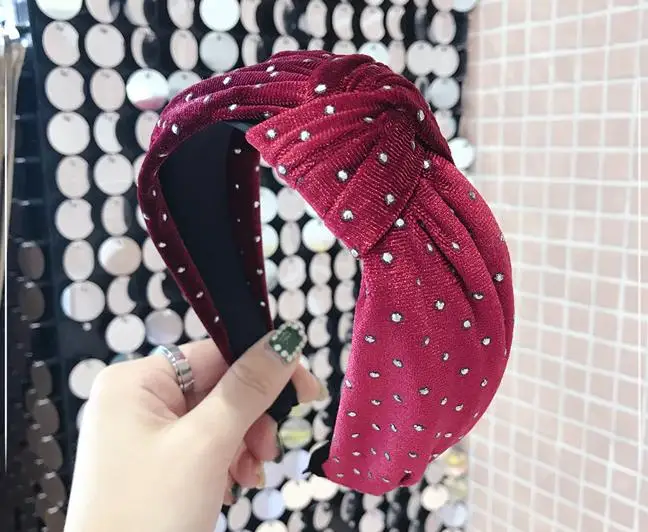 Burgandy бархатная повязка на голову с кристаллами Женская Твердая головная повязка Зимняя повязка на голову бархатные взрослые ободок с бантом бант украшение для волос ободок для волос широкий - Цвет: Бургундия