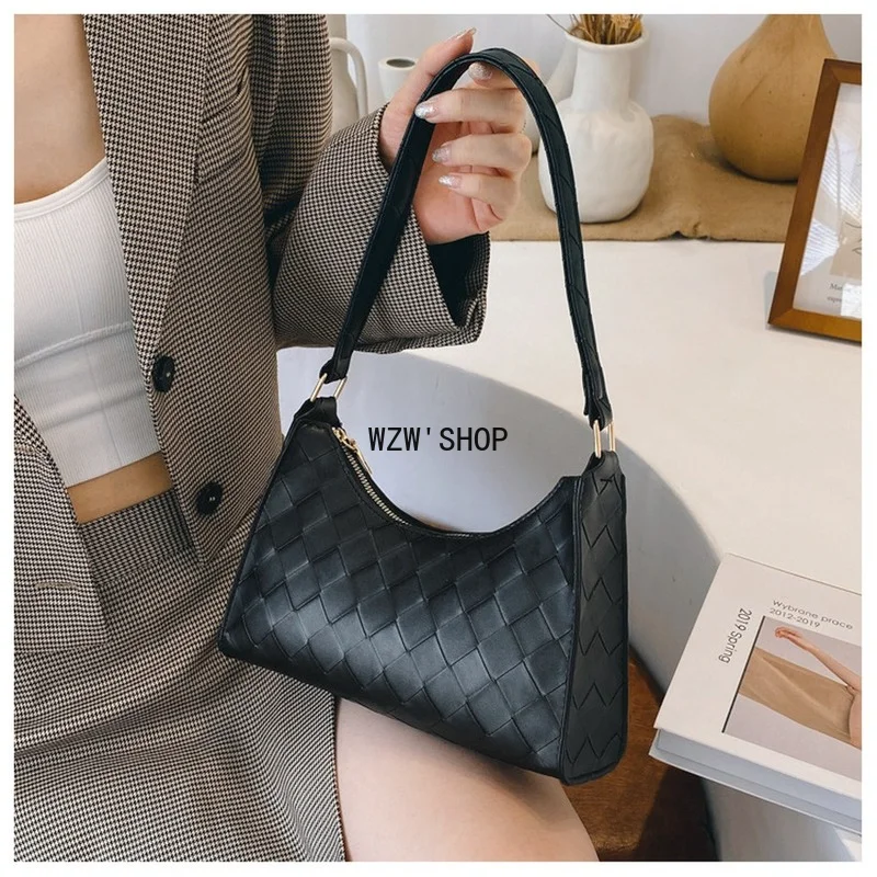 

Fashion Plaid Pattern Baguette Bags Woven PU Leather Shoulder Bags for Women 2021 Designer Luxury Handbag Female Free Shipping