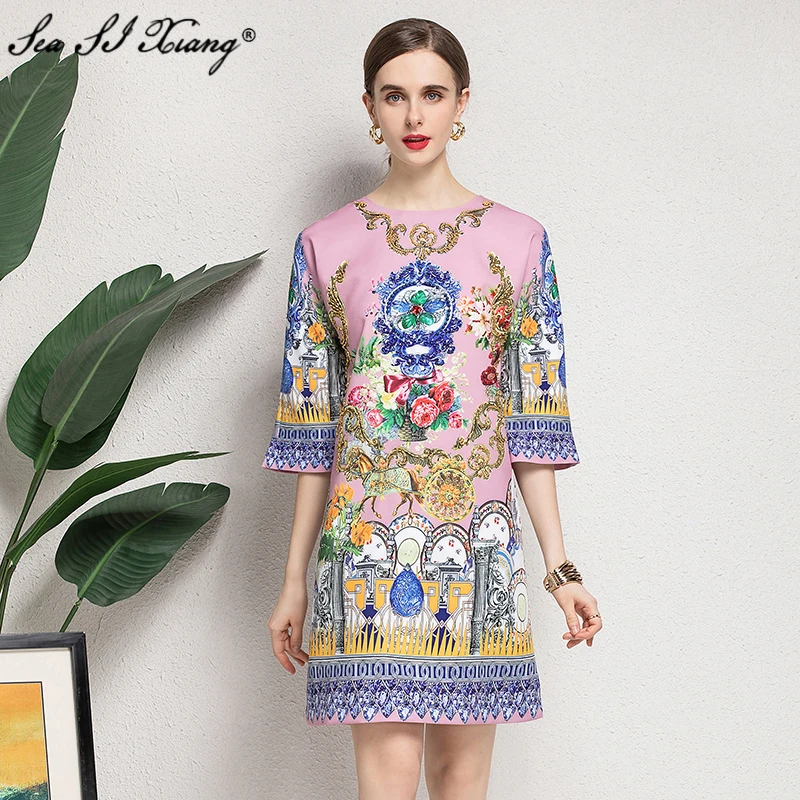 

Seasixiang модное дизайнерское летнее платье для женщин с О-образным вырезом 3/4 рукава бисер Инди фолк Цветочный Принт Свободные платья 2021 Новин...