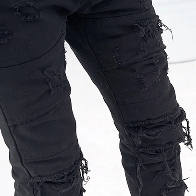 Dark Streetwear Hole Ripped Black Hip Hop Men Pencil Jeans Trousers Solid Denim Beggar Slim Pants For Teens Pantalones Hombre