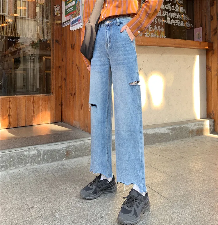 

Jeans Woman High Waist Loose Ripped Trousers Irregularly Worn Jeans Women Retro Harajuku Wide Leg Pants 2021