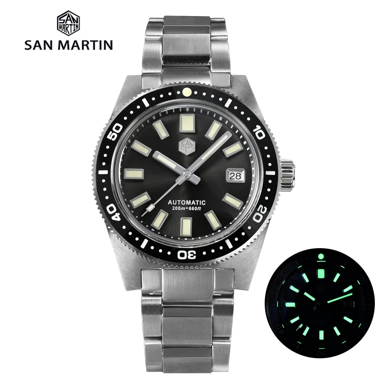 

San Martin 62mas V4 41mm Diver Mens Watch Sapphire Glass Applied Logo NH35 Automatic Mechanical Watches Bracelet Date 20Bar Lume