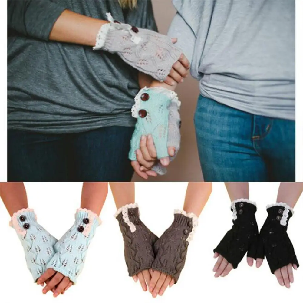 Женские перчатки с кружевными полями и узором в виде листьев теплые вязаные на
