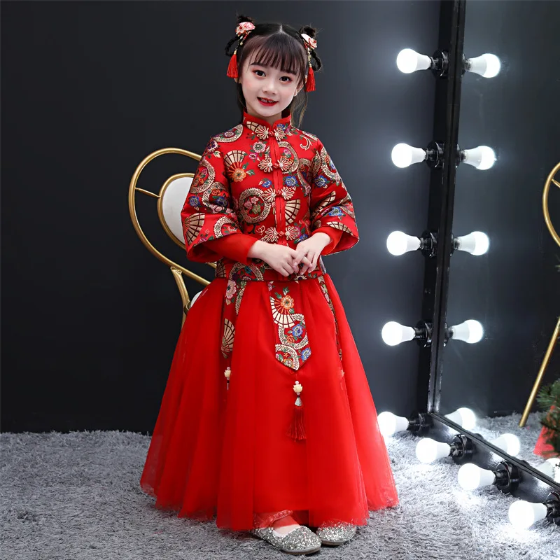 

Для девочек на осень и зиму утепленный костюм Hanfu Tang китайский Стиль Длинные рукава Новое поступление на Новый год платье для празднования дня рождения, Свадебная вечеринка, одежда