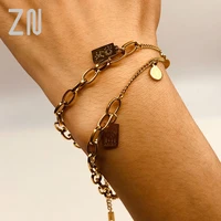 zn new collection dual use stainless steel 18k gold plated asymmetric chain double side 12 zodiac bracelets anklets for women