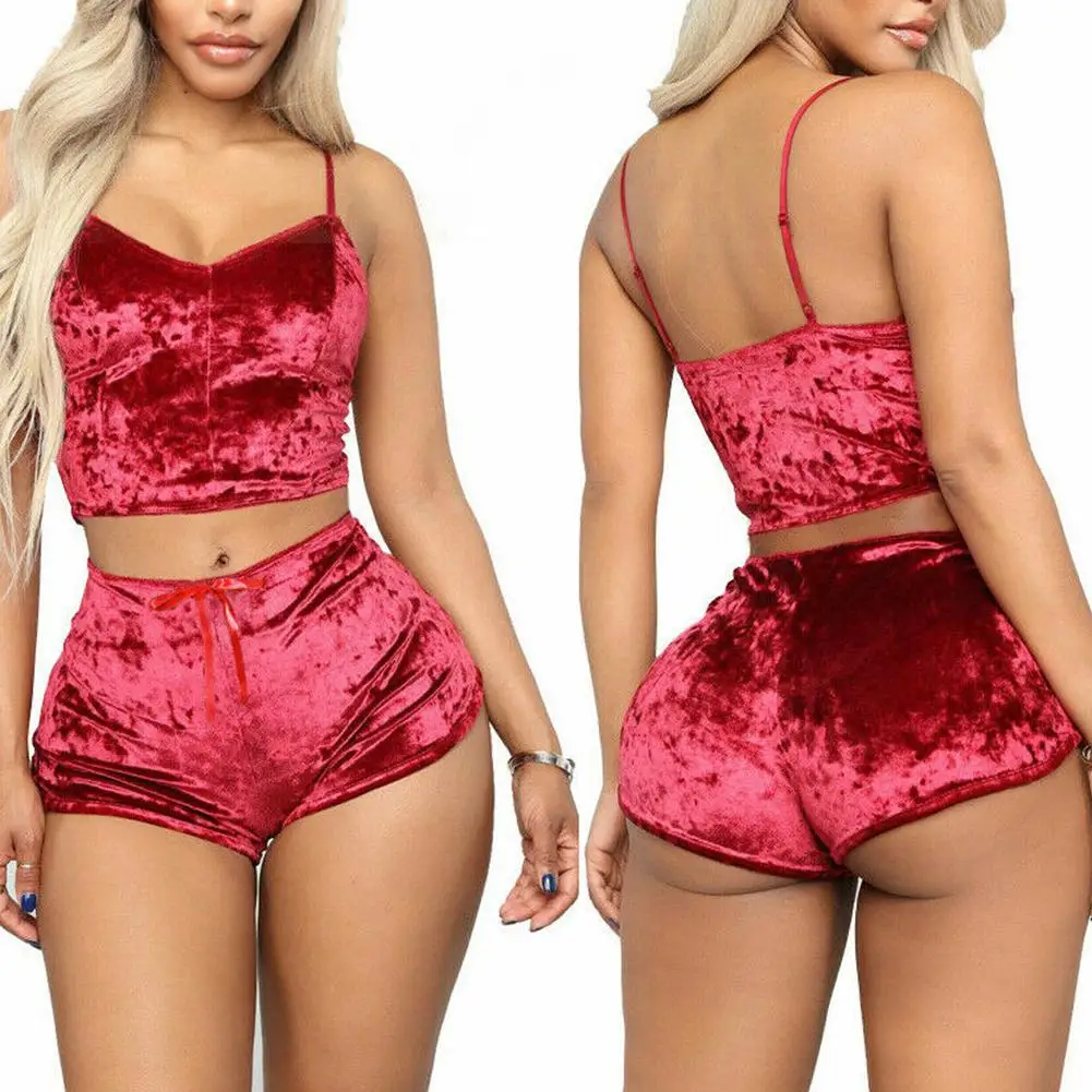 

Women Sexy Sleeveless Crop Top Camisole Micro Shorts Velvet Slim Sleepwear Set Solid Color Elastic Comfortable suitable daily