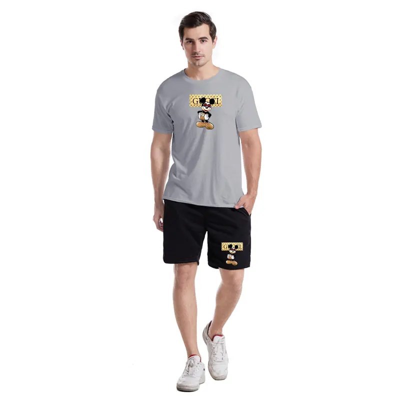

Summer 2021 New Men Short Sleeve T Shirt Casual Loose Tide Jogging Round Collar Pure Color T-shirts+Sweatshorts Two-piece Suit