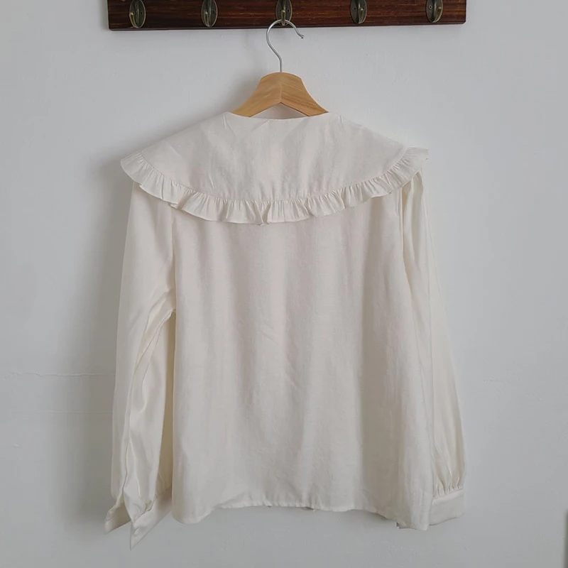 

Women Chic New Turn-Down Collar Shirts Solid Sweet Retro French Gentle Long Sleeve Elegance Loose Blouse Female Tops