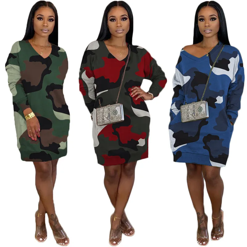 

High Quality Women Dress Camouflage Long Sleeve V Neck Pockets Loose Midi Dresses Street Wear Vestidos Wholesale Dropshpping New
