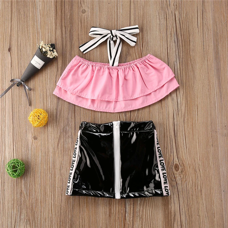 Модная летняя одежда для маленьких девочек футболка с оборками кроп-топы кожаные