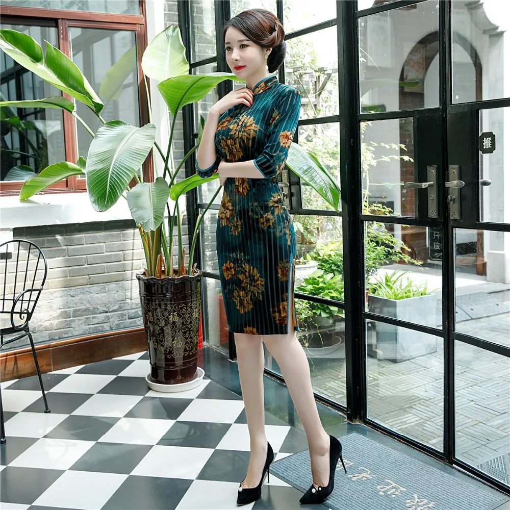 Шанхай история велюр Cheongsam по колено китайское платье Ципао традиционное платье зеленый