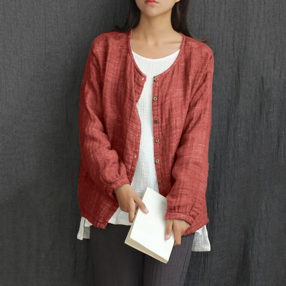 Женская тонкая куртка VogueRetro однотонный кардиган из хлопка и льна на пуговицах с