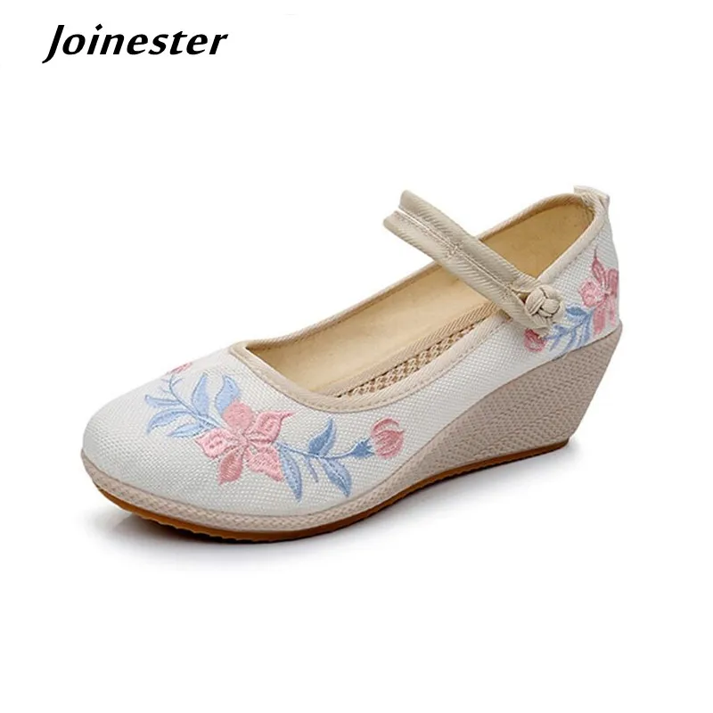 

Floral Embroidered Wedge Pumps for Women 2021 Summer Cotton Fabric Espadrilles Ladies Ethnic Mary Jane Shoes for Spring Autumn