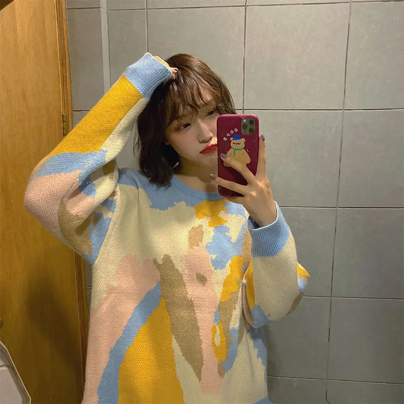 

Women Knitted Cute Fashion Loose Sweater Spring Autumn V-Neck Lantern Sleeve Embroidery Floral Harajuku Female Tops