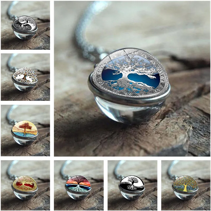

2023 Fashion Tree of Life Necklace Double-sided Glass Ball Pendant Pop Art Painting Retro Sweater Chain Necklace Women Jewelry