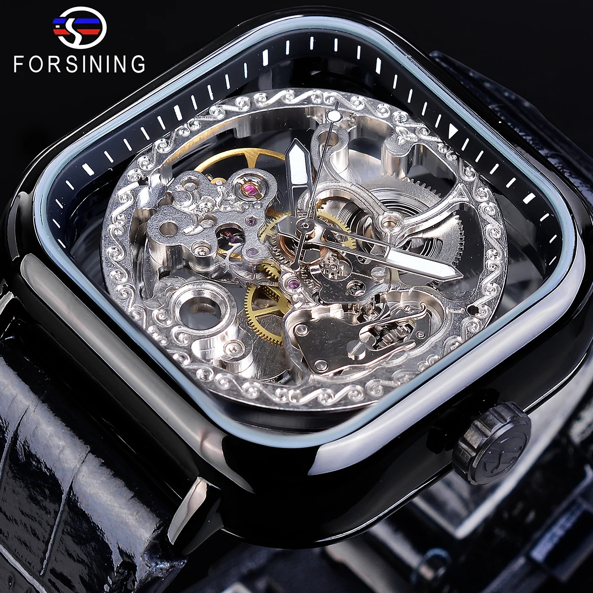 Forsining Transparent Automatic Gear Movement Leather Belt Business Fashion Casual Designer Automatic Wrist Watch Skeleton Clock