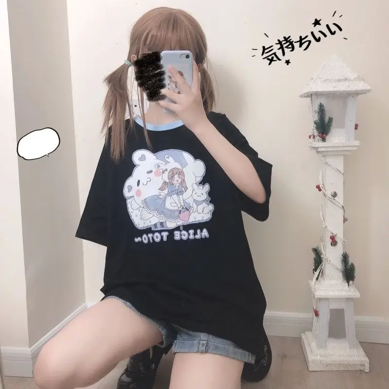 

Japanese Short Sleeve Cartoon Print Girl T-shirt Sweet Cute Harajuku Style Women Loose Student T-shirt Female Kawaii Tops Tees