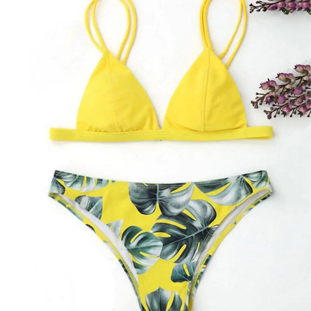 

2Pcs Women Summer Sexy Leaves Print Padded Bra Briefs Bikini Set Beach Swimwear