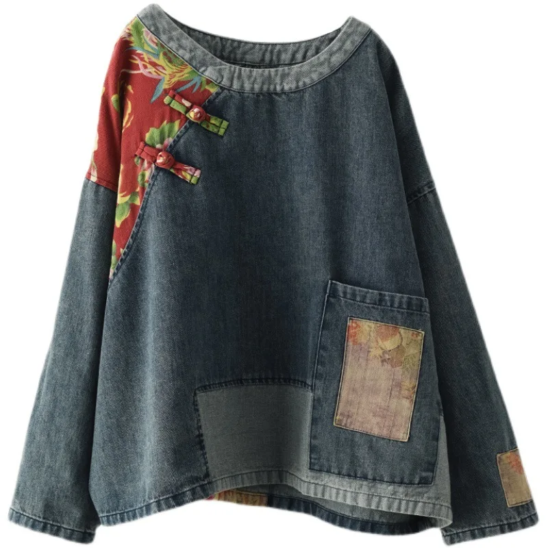 

Women Denim T-Shirts Vintage Patchwork Floral O-Neck Long Sleeve Loose 2021 Spring New Chinese Style Female T-Shirts
