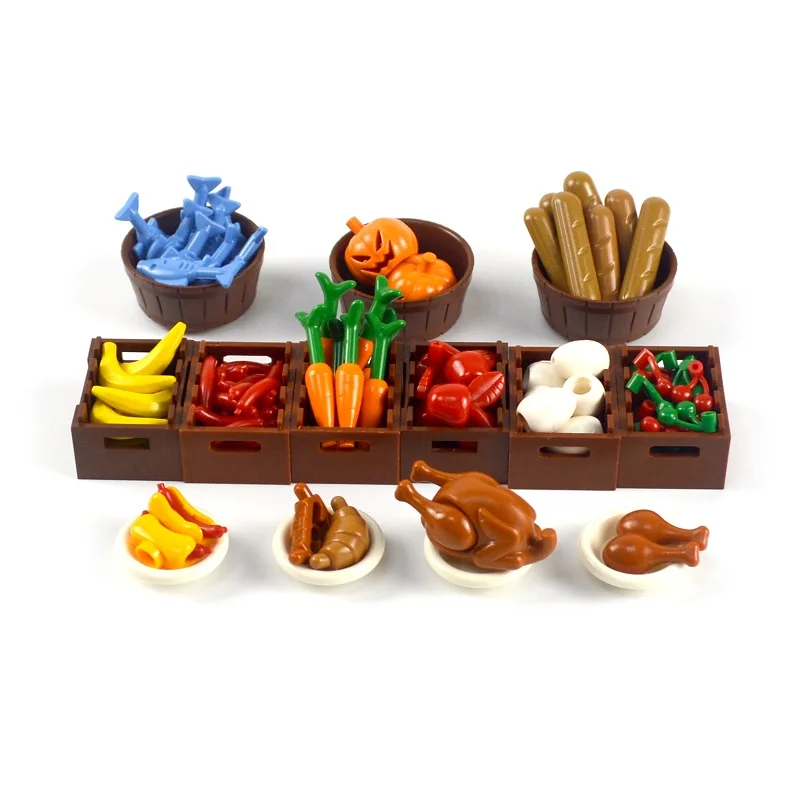 

DIY Building Blocks Food Chicken Pumpkin Fish Fruit eggs Hot Dog Pot Toy MOC Parts City Accessories Bricks Compatible All Brands