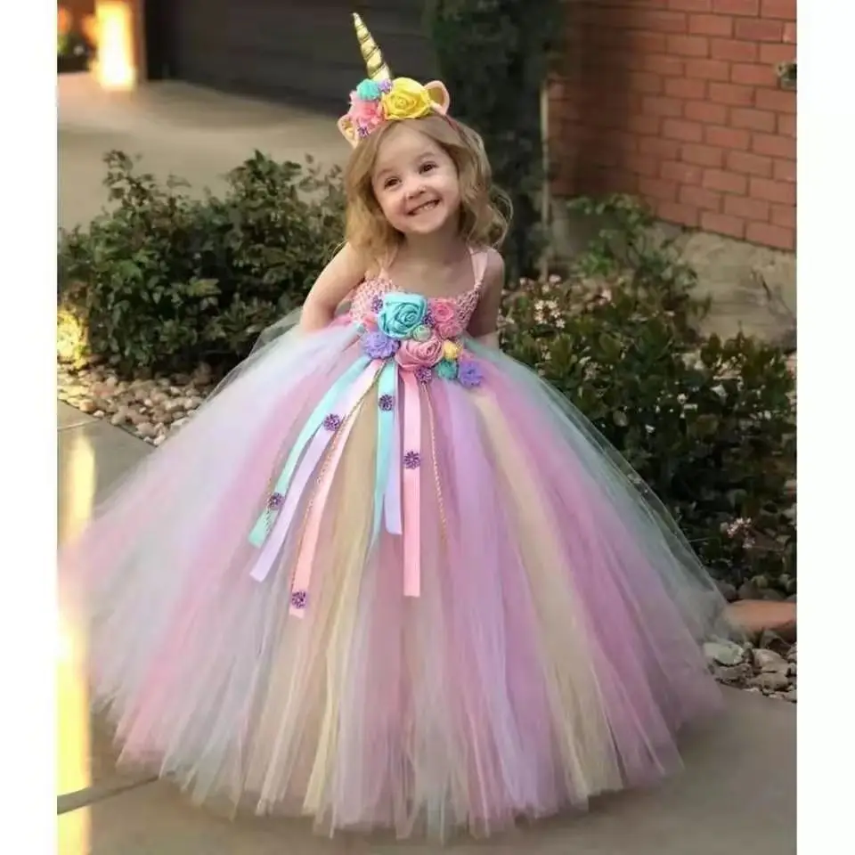 

Girls Pastel Unicorn Flower Tutu Dress Kids Crochet Tulle Strap Dress Ball Gown with Daisy Ribbons Children Party Costume Dress