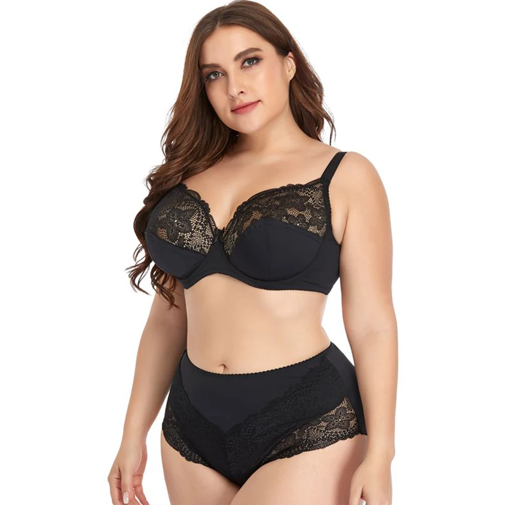 

Женский комплект нижнего белья размера плюс, классический кружевной бюстгальтер без подкладки, нижнее белье, трусики с большой грудью, трус...