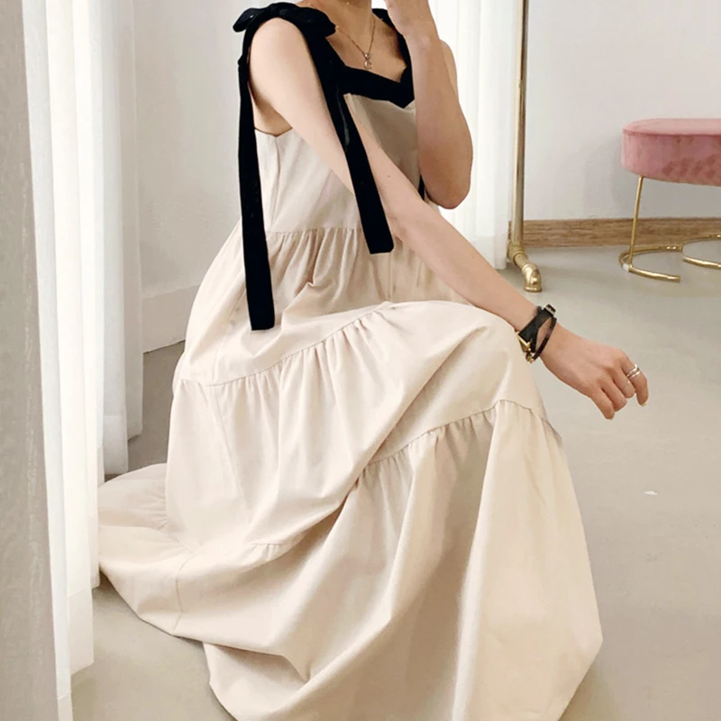 

Корейское шикарное летнее Свободное длинное плиссированное платье во французском стиле с тонким квадратным воротником контрастных цветов...