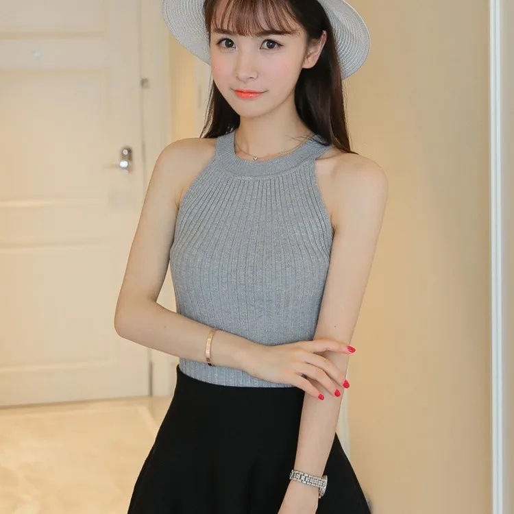 gray OHCLOTHING, модные майки без рукавов, вязаные Топики, тонкая бретель через шею, сексуальные женские свитера без бретелек, жилет Harn - Цвет: gray