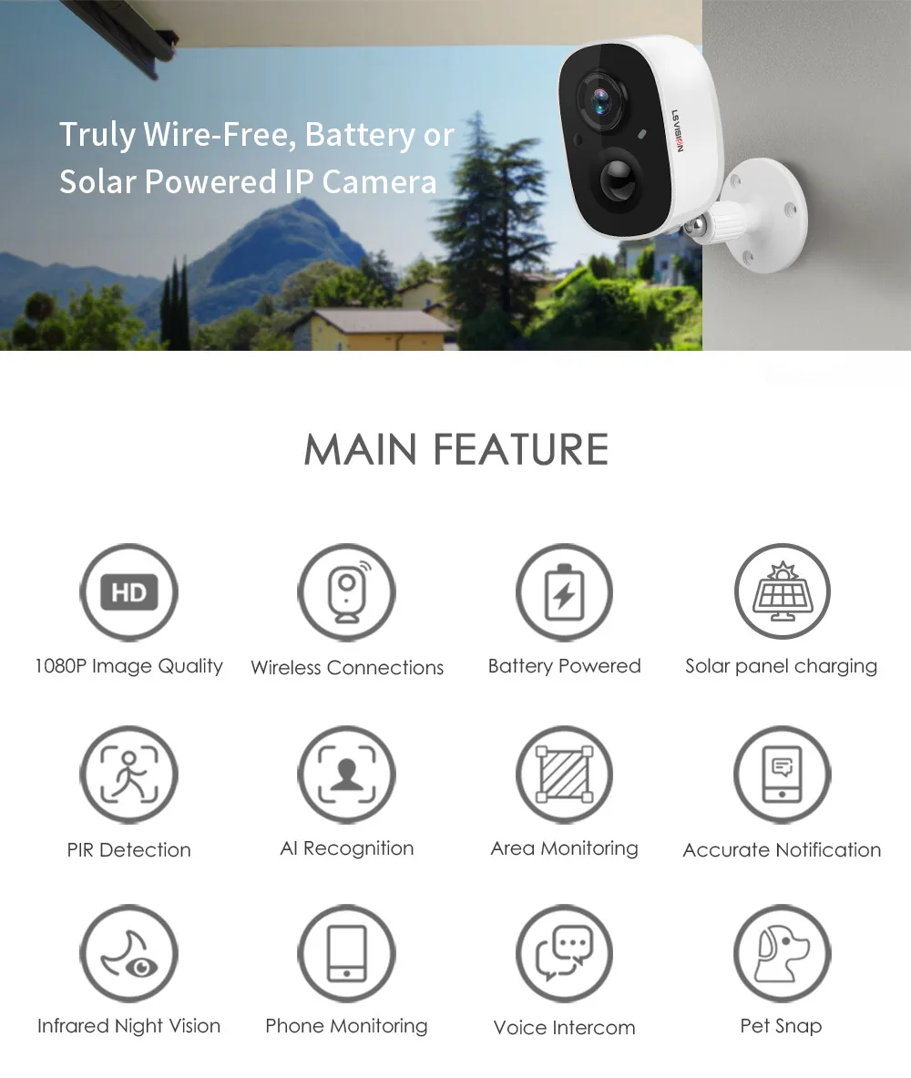 LSVISION 1080P WiFi камера для наружного применения с солнечной батареей и беспроводным подключением, обеспечивающая безопасность, разрешением 2 МП, панелью HD, детекцией PIR движения.