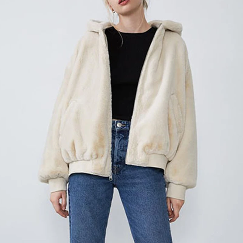 

Autumn Winter Double-Sided Wear Plus Velvet Hooded Bomber Jacket Coat Female Fur Thick Warm Outwear Woman Casual Loose Overcoats