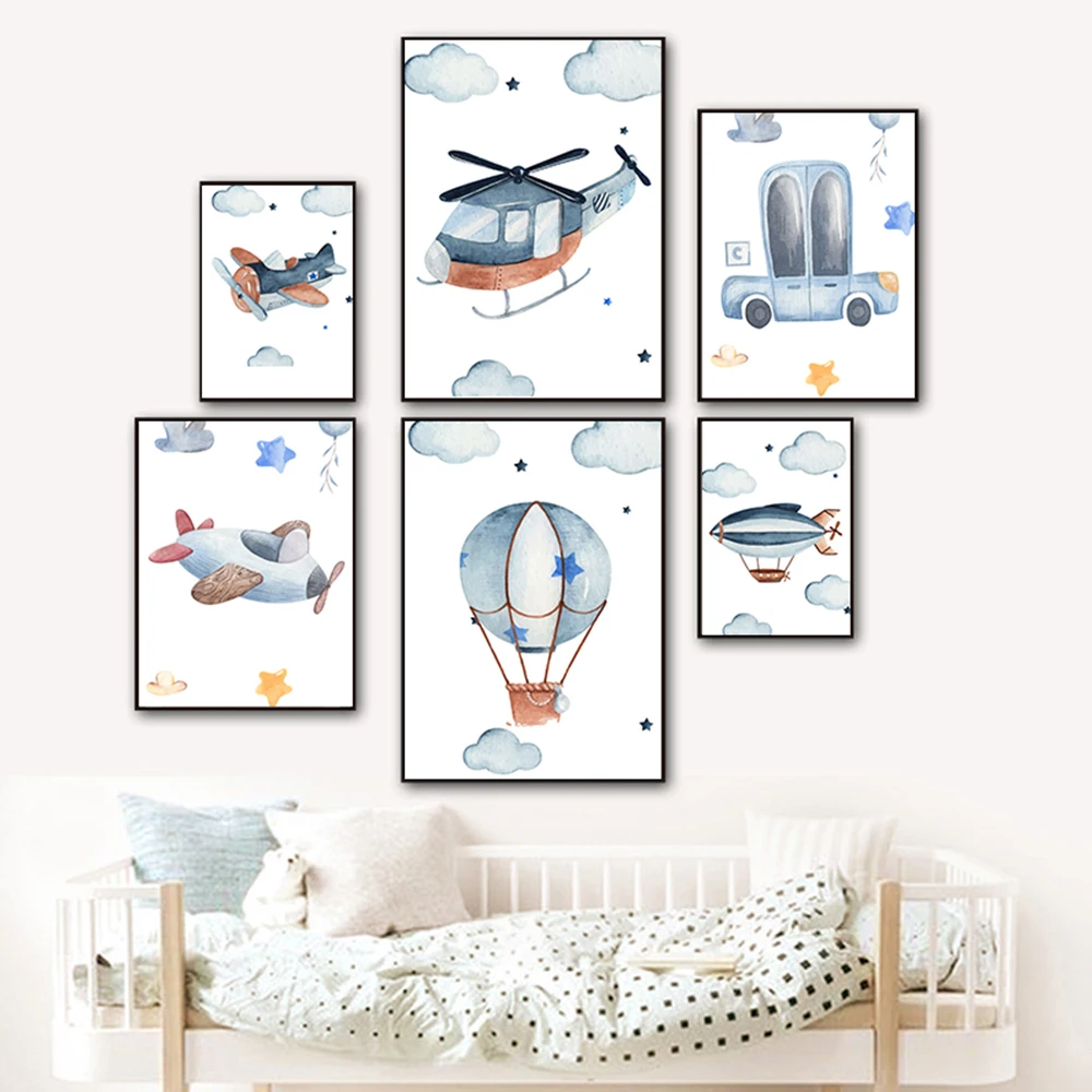 С рисунком самолета на воздушном шаре настенный художественный принт детская