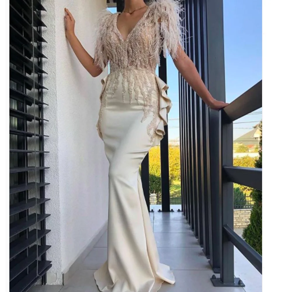 

ivory prom dresses 2021 deep v neck mermaid satin evening dresses ivory formal dresses beaded evening gowns