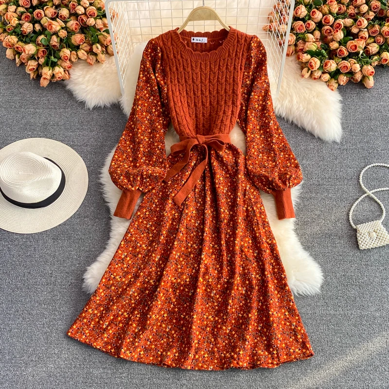 

2021Autumn Vintage Puff sleeve Floral Knitted Patchwork Dress High Waist A-Line Party Elegant Fashion Bandage Dresses Women